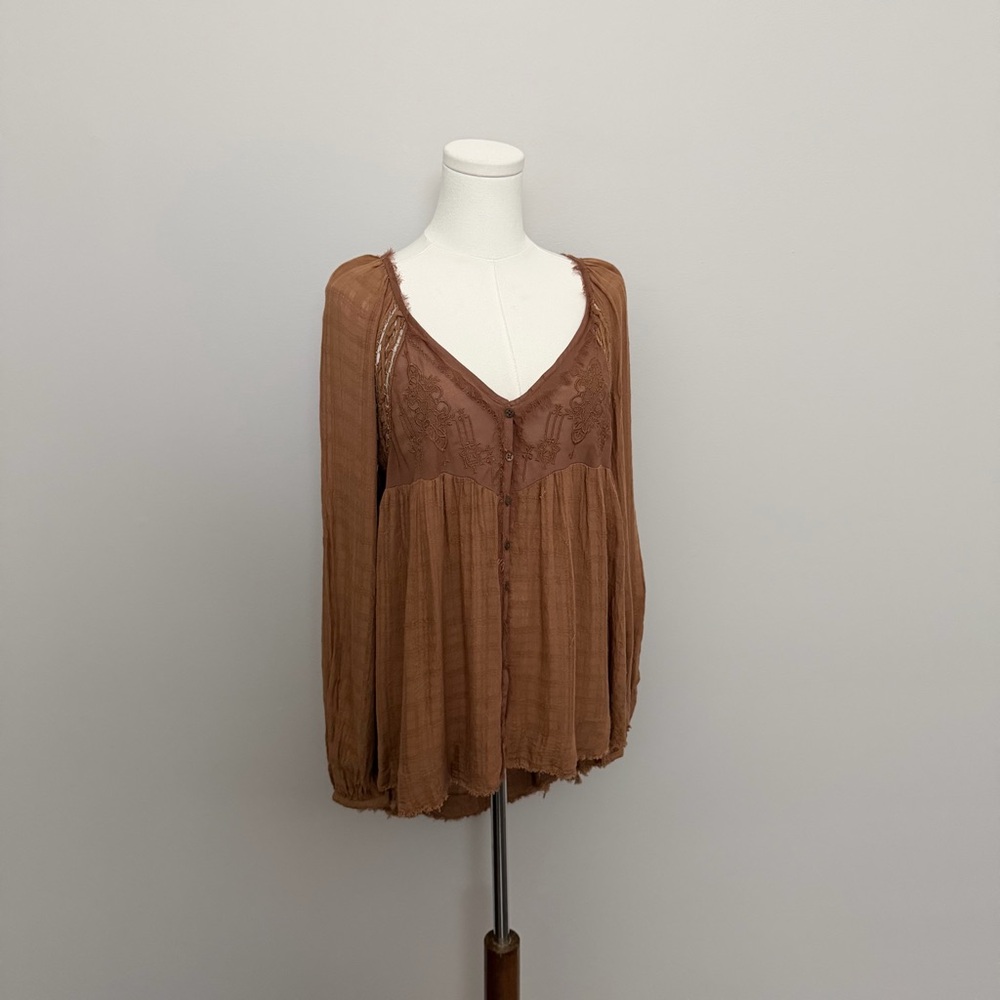 Free People Top Babydoll Embroidered Floral Braided Boho Festival Peasant Rust